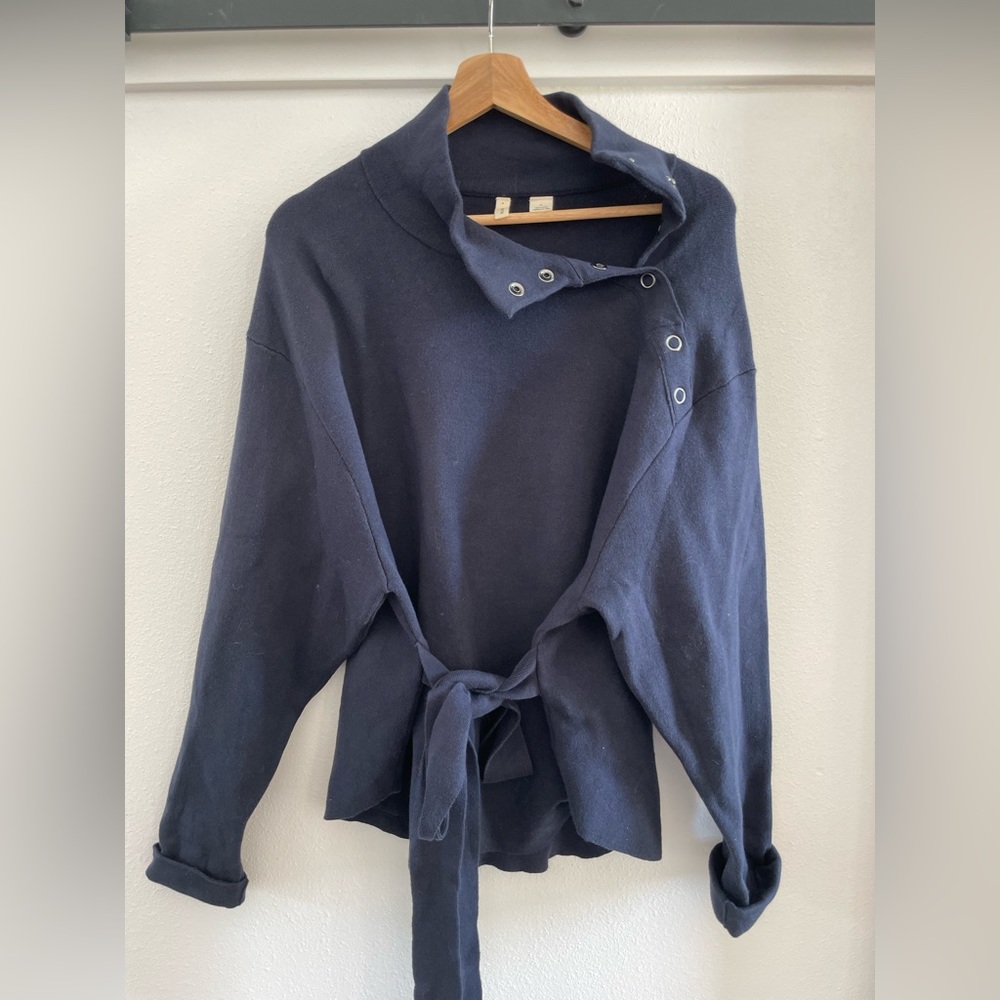 Blue tie sweater wrap